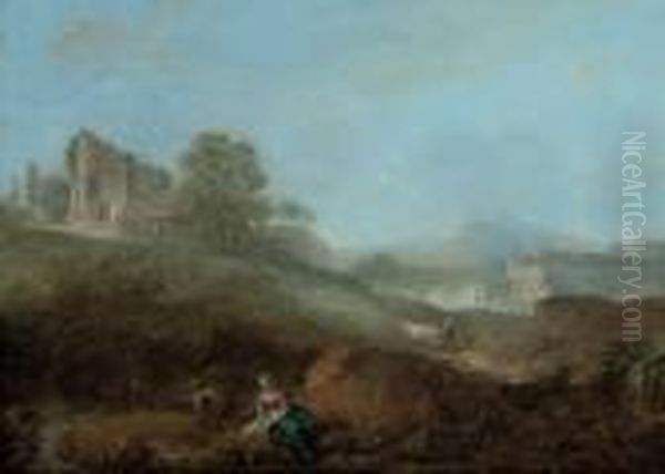A Wooded Landscape With Figures Fishing In A Stream, A Village Beyond - view 1