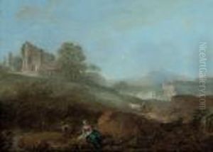 A Wooded Landscape With Figures Fishing In A Stream, A Village Beyond