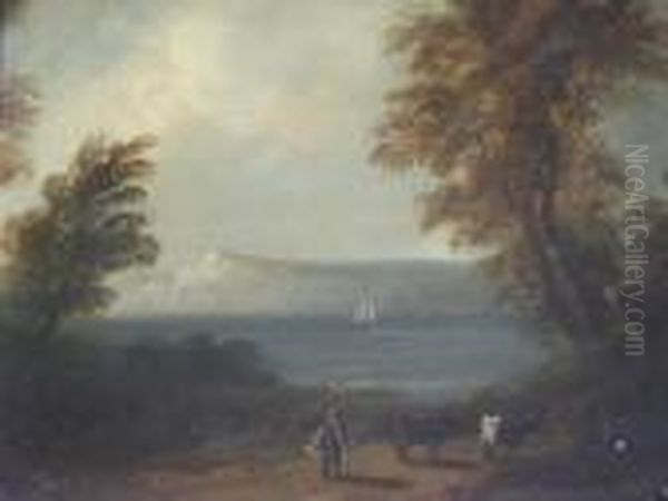 A Figure With Cattle On A Wooded Coastal Path - view 1