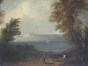 A Figure With Cattle On A Wooded Coastal Path by John Rathbone