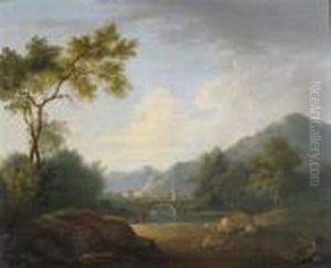 Anglers By A River A Bridge And Village Beyond
