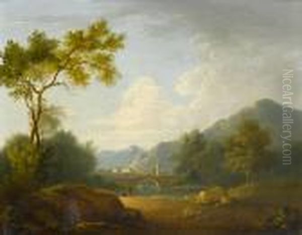 A River Landscape With Anglers On The Bank Anda Village In The Distance - view 1