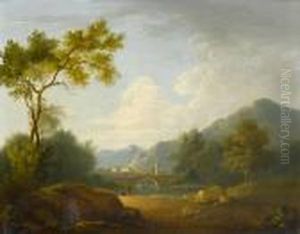 A River Landscape With Anglers On The Bank Anda Village In The Distance