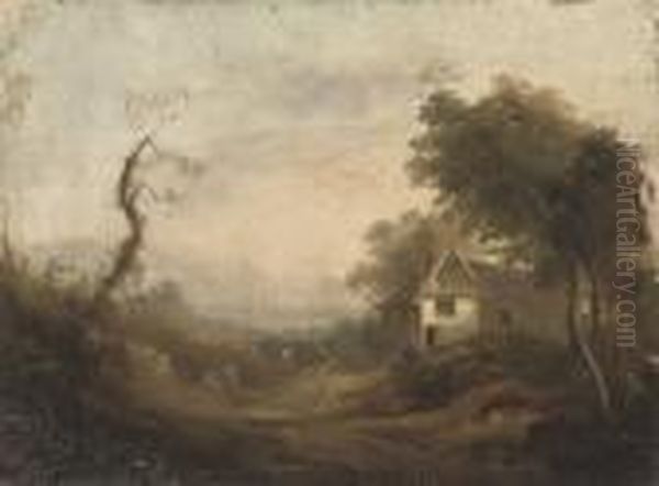 A Wooded River Landscape With Figures On A Track By A Cottage - view 1