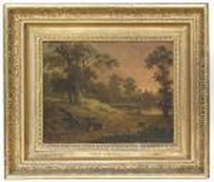 A Wooded Landscape With A Figure On Horseback By A Lake, A Churchbeyond by John Rathbone