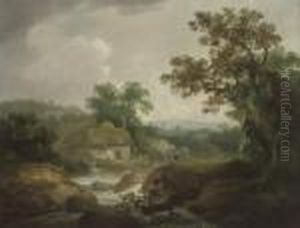 A Wooded River Landscape, 
Traditionally Identified As Cumberland, With Figures By A Mill, A Town 
Beyond