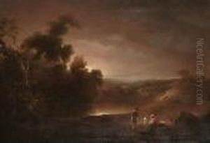 A Family Resting On A Roadside At Dusk, An Extensive Landscape Beyond