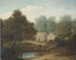 Figures By A Pond With Cottages Beyond