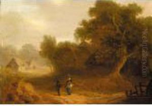 Figures In A Wooded Landscape With Cottages Beyond by John Rathbone
