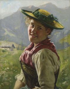 Dirndl Vor Gebirgslandschaft by Emil Rau
