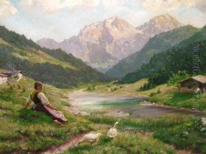 Maiden With Geese By A Pond With Cottages In Analpine Landscape Maiden With Geese By A Pond With Cottages In Analpine Landscape