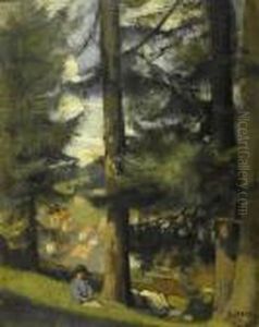 Enfant Sur Une Colline Avec Arbre by Edouard John E. Ravel