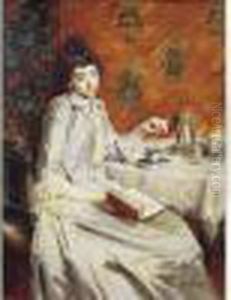 Jeune Fille Lisant A La Tasse De Cafe. by Edouard John E. Ravel