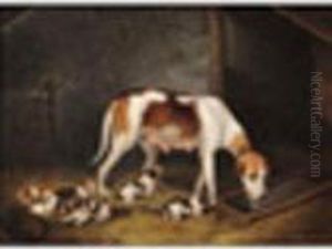 A Hound With Her Litter In A Stable Oil On Panel 7 X 9in by Samuel Raven