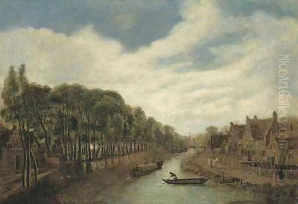 A river landscape with figures on a path by a village - view 1