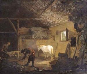 Grooms at work in a stable