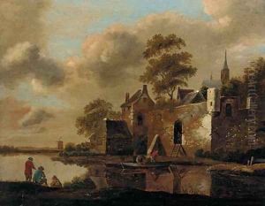A river landscape with fishermen on a bank and a ferry arriving at a fortified village by Cornelius Decker