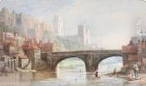 Durham Cathedral From Framwellgate Bridge, With Figures To The Foreground
