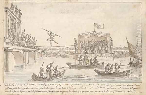 A tightrope walker crossing the Seine near the Concorde bridge in front of the governmental box on 15 August 1807 - view 1