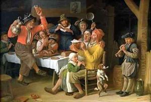 An interior with peasants singing and dancing by Lambert Doomer
