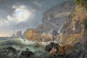 La Costiera Amalfitana Con Il Mare In Tempesta E Il Convento Deicappuccini by Josef Rebell