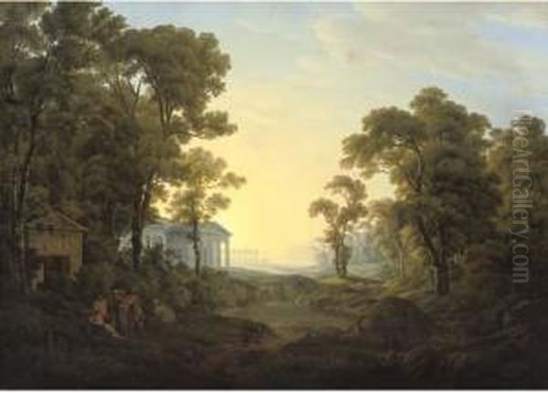 A Wooded Landscape With Figures 
In Ancient Dress By A Classicaltemple, Other Classical Buildings Beyond - view 1
