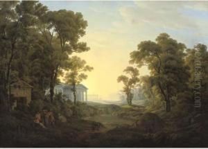 A Wooded Landscape With Figures
In Ancient Dress By A Classicaltemple, Other Classical Buildings Beyond by Josef Rebell