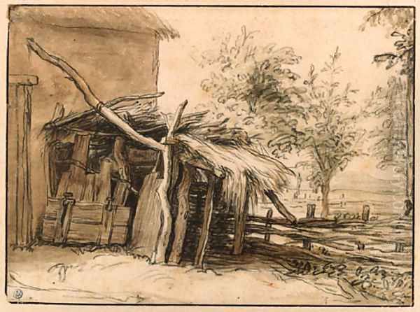 A ruined thatched Hut leaning against a Farm House, a landscape beyond - view 1