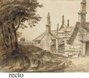 Houses seen from a wooded path by Lambert Doomer