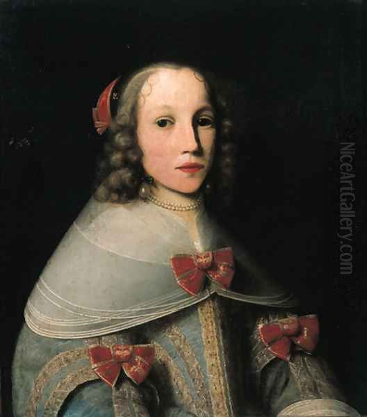 Portrait of Elisabeth Pruys van Oswaert (-1683), half length, wearing a light blue brocade dress with lace collar and red bows - view 1