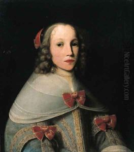 Portrait of Elisabeth Pruys van Oswaert (-1683), half length, wearing a light blue brocade dress with lace collar and red bows by Lambert Doomer