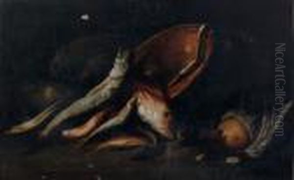 Nature Morte Au Bassin En Cuivre Etpoissons Sans Cadre - view 1