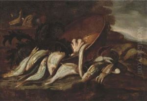 A Still Life Of Dead Fish And An Artichoke In A Copper Pot by Elena Recco