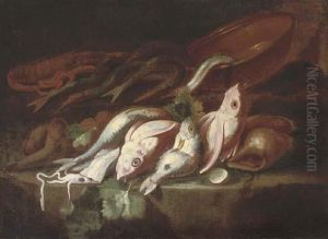 A Still Life Of Dead Fish With An Earthenware Pot On A Stone Ledge