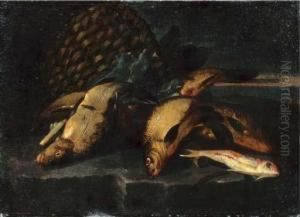 A Catch Of Fish By A Panier On A Stone Ledge by Elena Recco
