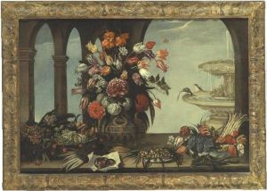 Still Life Of Flowers In A Vase,
 Artichokes, Lettuce, Pears, Fraises-de-bois And Cherries In A Bowl, 
Some Sliced Salami, Mushrooms On A Plate, Together With Flowers And 
Asparagus In A Bowl, A Fountain And Arcade Beyond