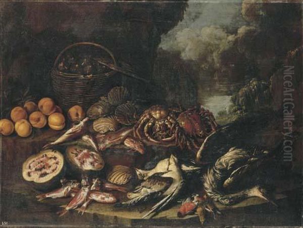 Figs In A Basket, Peaches, A
Watermelon, Scallops, Crabs, Dead Fishand Birds On A Ledge In A
Landscape - view 1
