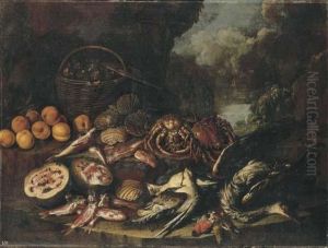 Figs In A Basket, Peaches, A
Watermelon, Scallops, Crabs, Dead Fishand Birds On A Ledge In A
Landscape by Giacomo Recco