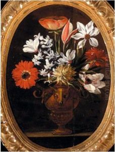 Still Life Of Various Flowers In A Bronze Vase Decorated With Bucrania, On A Stone Ledge by Giacomo Recco