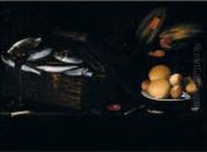 Still Life Of Fish And Squid In A
Basket, Oranges And Peaches On A Plate, Together With Melons And A
Knife, Arranged Upon A Table-top by Giuseppe Recco