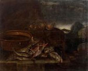 Pesci, Crostacei E Molluschi Con Una Pentola In Rame Su Un Piano Naturale