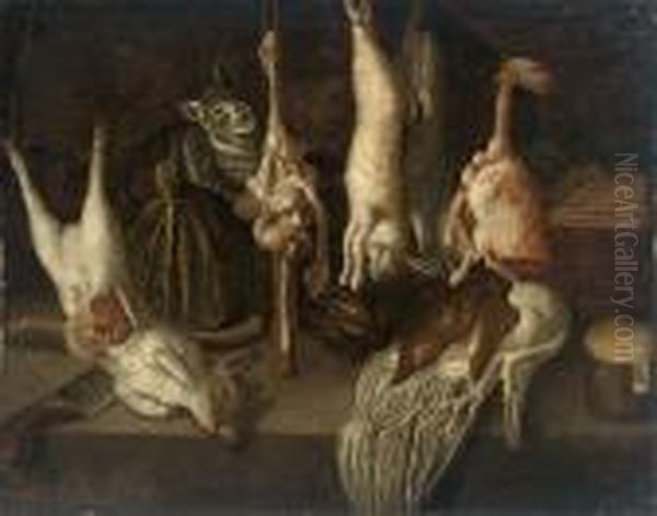 A Cat With A Dead Rabbit, Pig And Other Game On A Table With A Knife - view 1