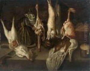 A Cat With A Dead Rabbit, Pig And Other Game On A Table With A Knife
