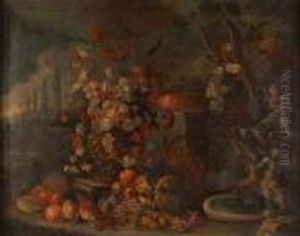 Paesaggio Con Natura Morta Di Fiori E Frutta E Fontana
