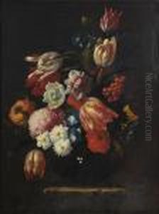 Tulips, Roses, Narcissi And Other Flowers In Aglass Vase On A Stone Pedestal