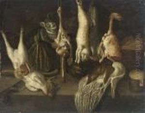 A Cat With A Dead Rabbit, Pig And Other Game On A Table With Aknife