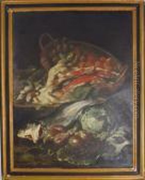 Still Life With Figs, Blackberries, Lettuce, A Basket Of Peaches,and Fish, On A Ledge - view 1