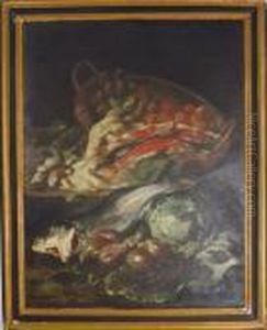 Still Life With Figs, Blackberries, Lettuce, A Basket Of Peaches,and Fish, On A Ledge by Giuseppe Recco