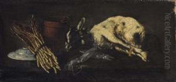 A Bunch Of Asparagus, A Porcelain Bowl, A Copper Urn, Squid And A Kid Goat On A Table - view 1