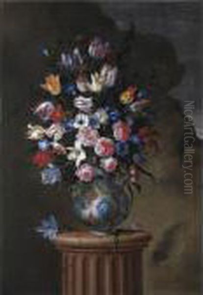 Natura Morta Con Tulipani, Rose,
 Anemoni, Campanule E Altri Fiori In Un Vaso Di Maiolica, Su Una Colonna - view 1
